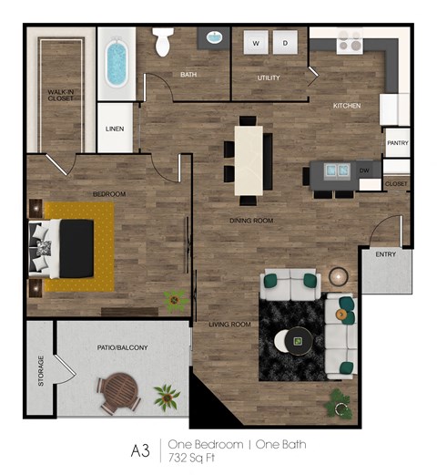 Floor plan for 1 bed, 1 bath, 732 sqft